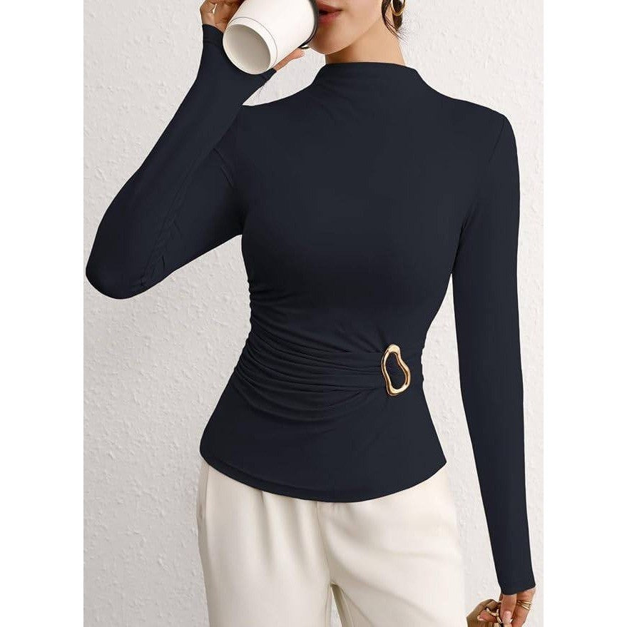 Pink Queen Women's M Long Sleeve Shirt Mock Neck Cinched Waist Fit Top Navy