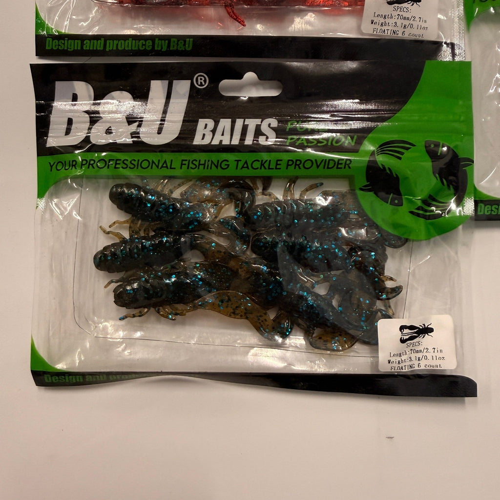 Set of 3 (6 pcs Each) B&U Baits Soft Plastic Floating 2.7" Filet Craw Fishing