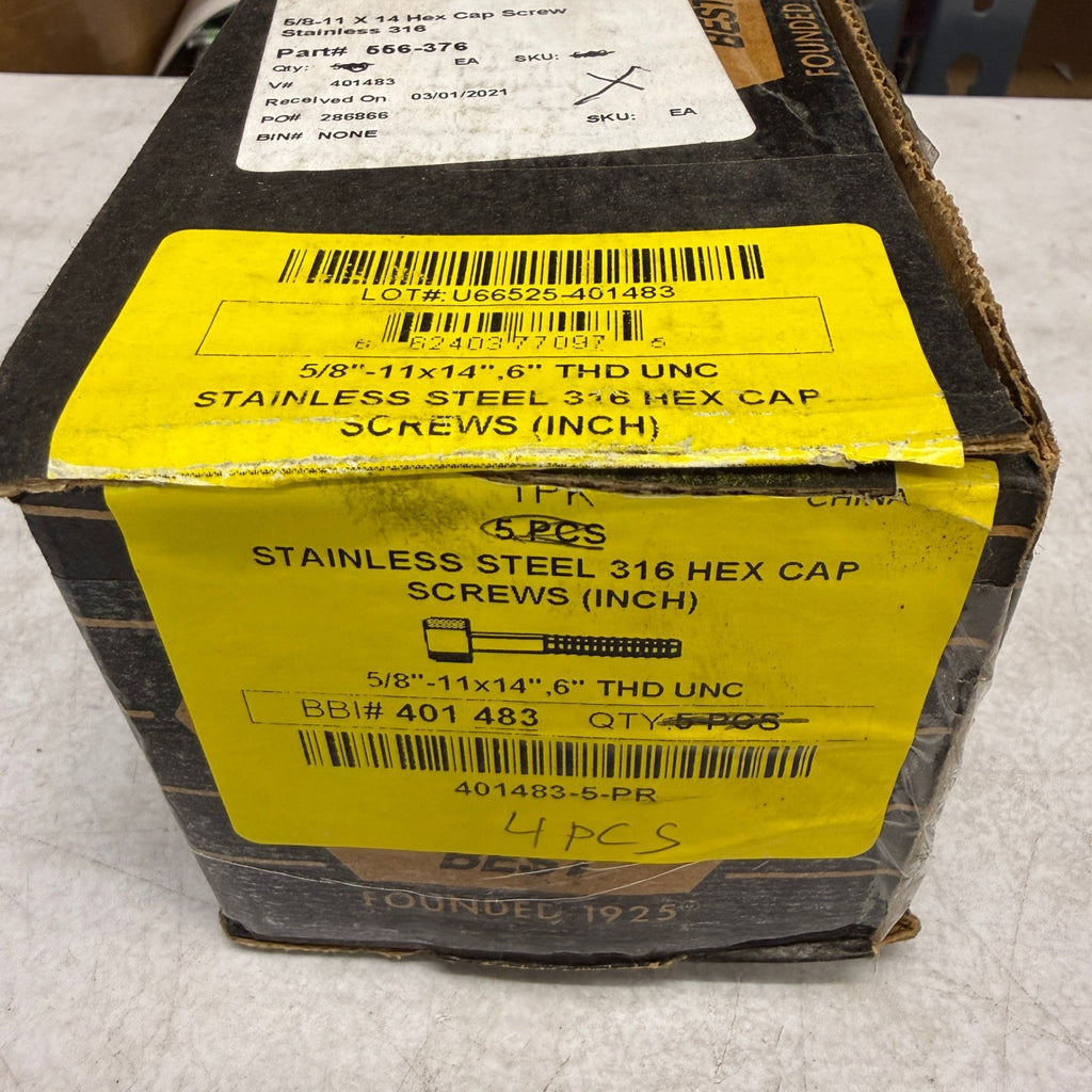Pack of 4 Brighton Best 5/8-11 x 14" Hex Cap Screws Bolts Stainless Steel 316 6"