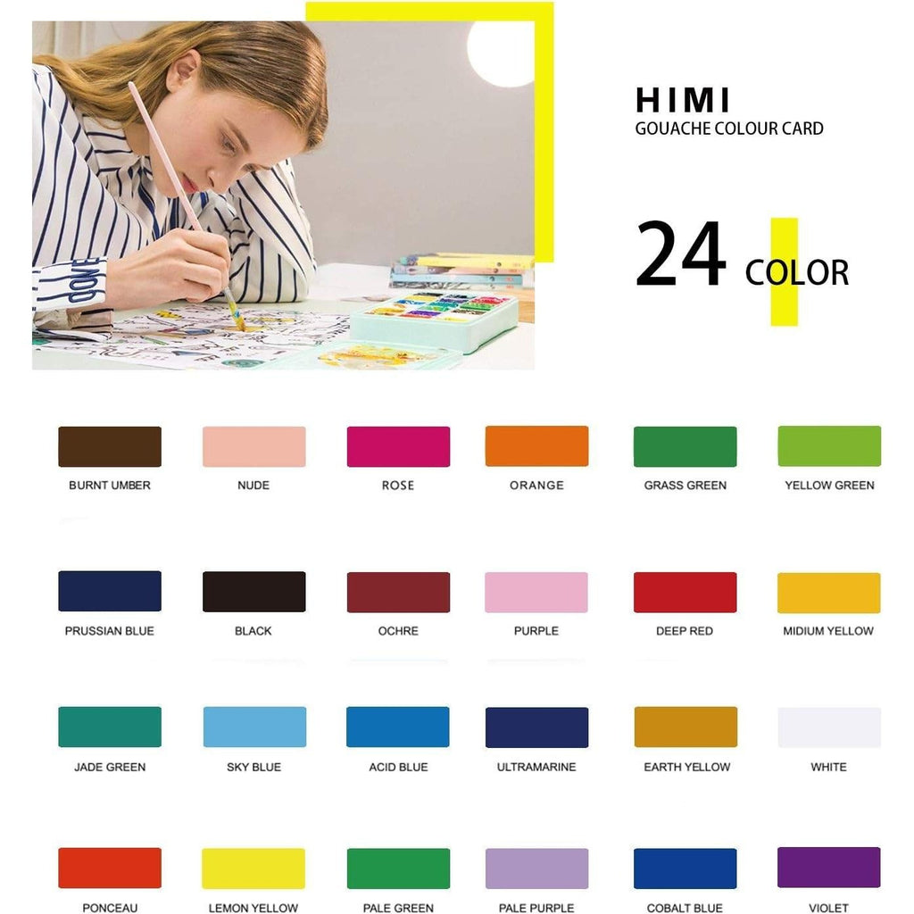 HIMI Blue Gouache Paint Set 24 Colors x 30ml Jelly Cup with 3 Paint Brushes and