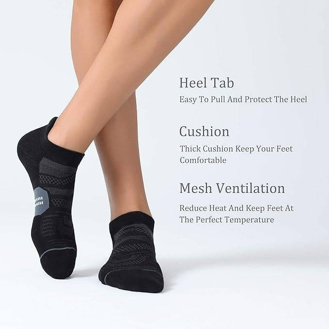 Set of 6 CS CELERSPORT Men's L Black Ankle Running Socks with Cushion, Arch Su