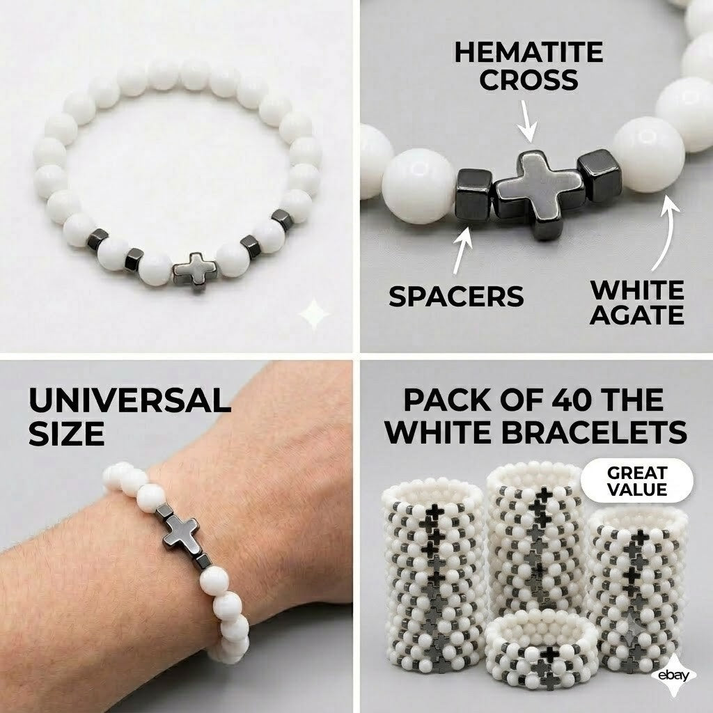 Set of 40 Stackable Natural Stone Beaded Cross Stretch Bracelet Unisex Black, Wh