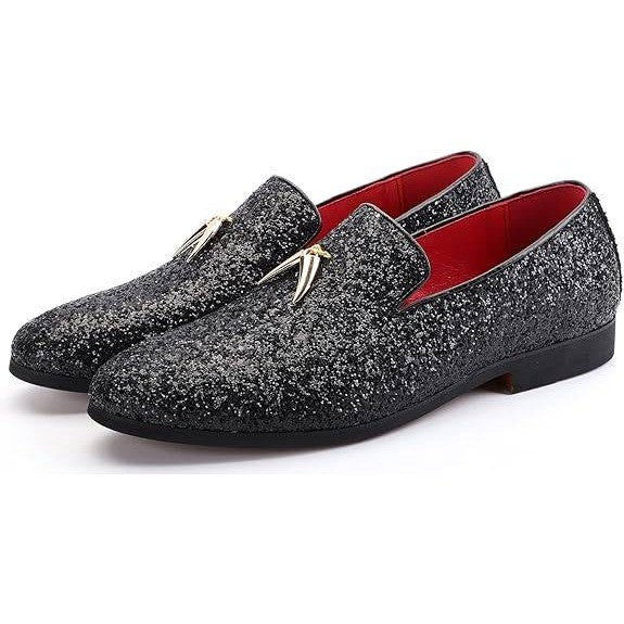 Santimon Mens US 6 Black Metal Tassels Glitter Sequin Slip On Loafers Shoes