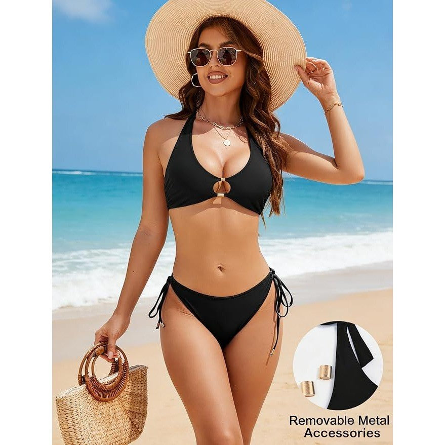 MSRP $32 BMJL Women's L Black Bikini Set Sexy Two Piece Halter Swimsuit