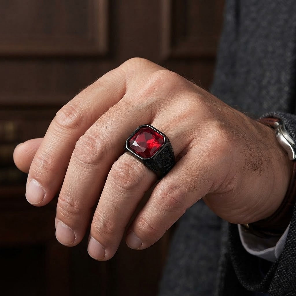 Mens Red CZ Stone Masonic Ring Black Stainless Steel Freemason Jewelry Size 8-12