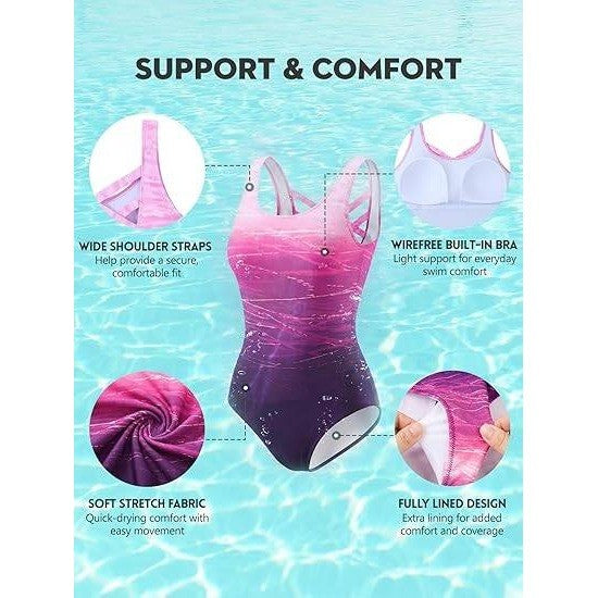 MSRP $38 American Trends Women's M Purple Athletic One Piece Swimsuits Modest