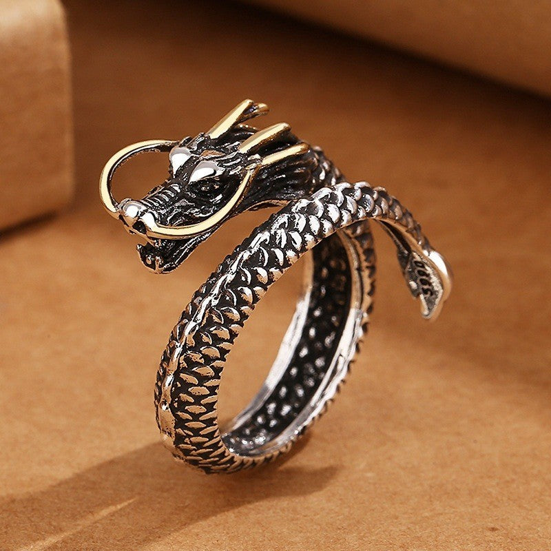 Chinese Dragon Ring Gold Tone Whiskers Men's Women's Stainless Steel Size 10