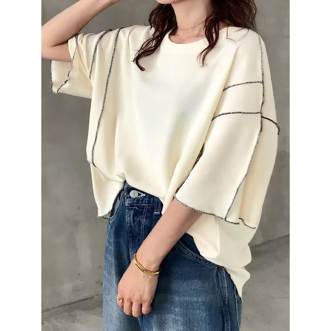 Women's Half Sleeve Oversized T-Shirt Loose Contrast Color Stripe Round Neck T