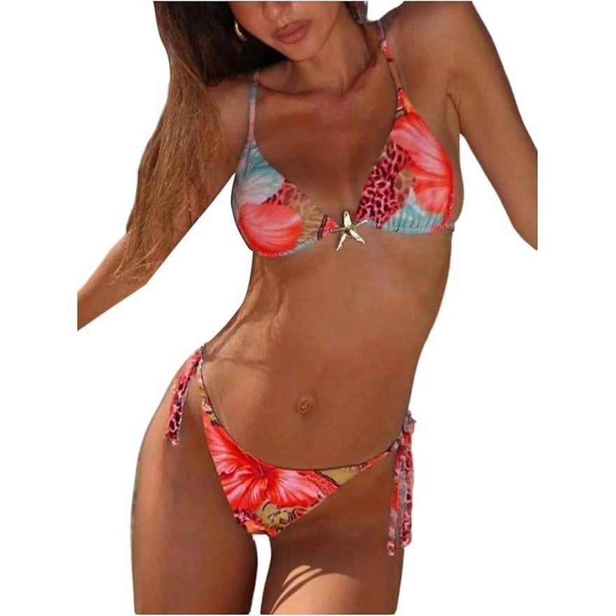 MSRP $44 RoseSeek Women's XS 2 Piece Leopard Floral Bikini Set Halter Triangle