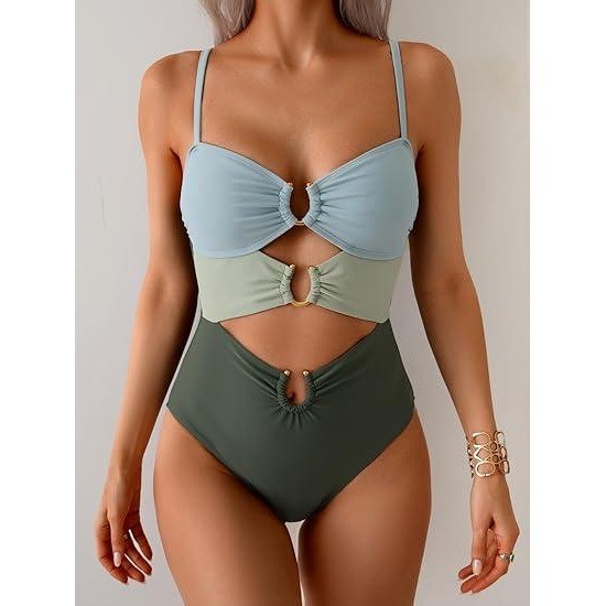 MSRP $48 Eomenie Women's S Green Color Block Cutout One Piece Swimsuit with Ri