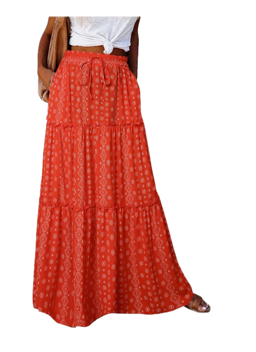 EARKOHA Women's S Boho Tiered High Waist Tie Paisley Floral Print Red Long Maxi