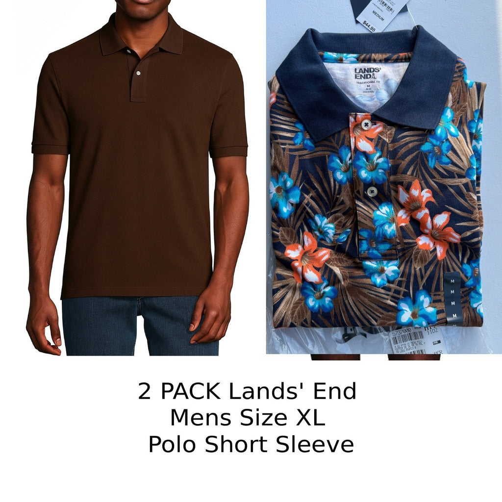 2 Pack Lands' End Mens XL Polo Short Sleeve - Rich Coffee & Deep Sea Navy