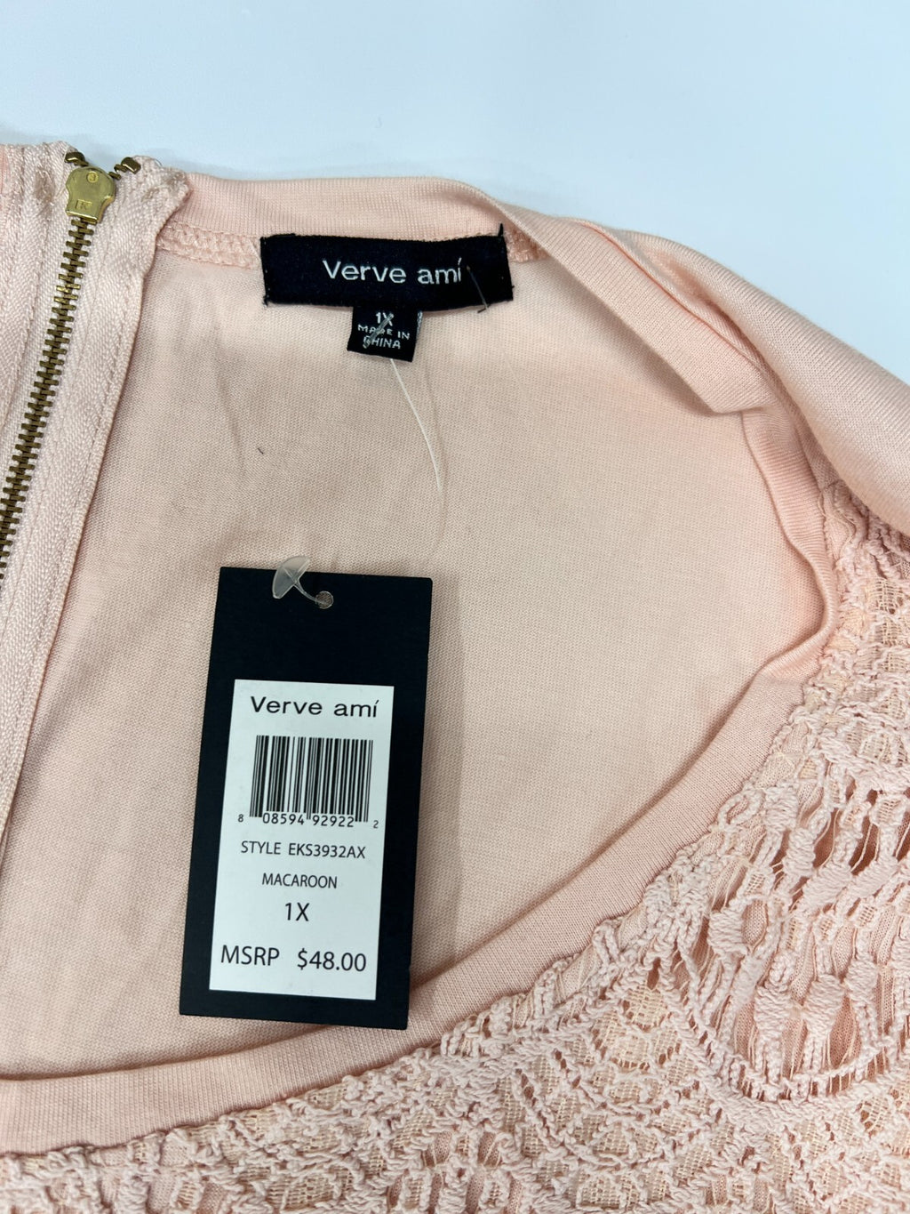 MSRP $48 Verve ami Blouse Women's Plus Sz 1X Lace Overlay Short Sleeve Peach Top