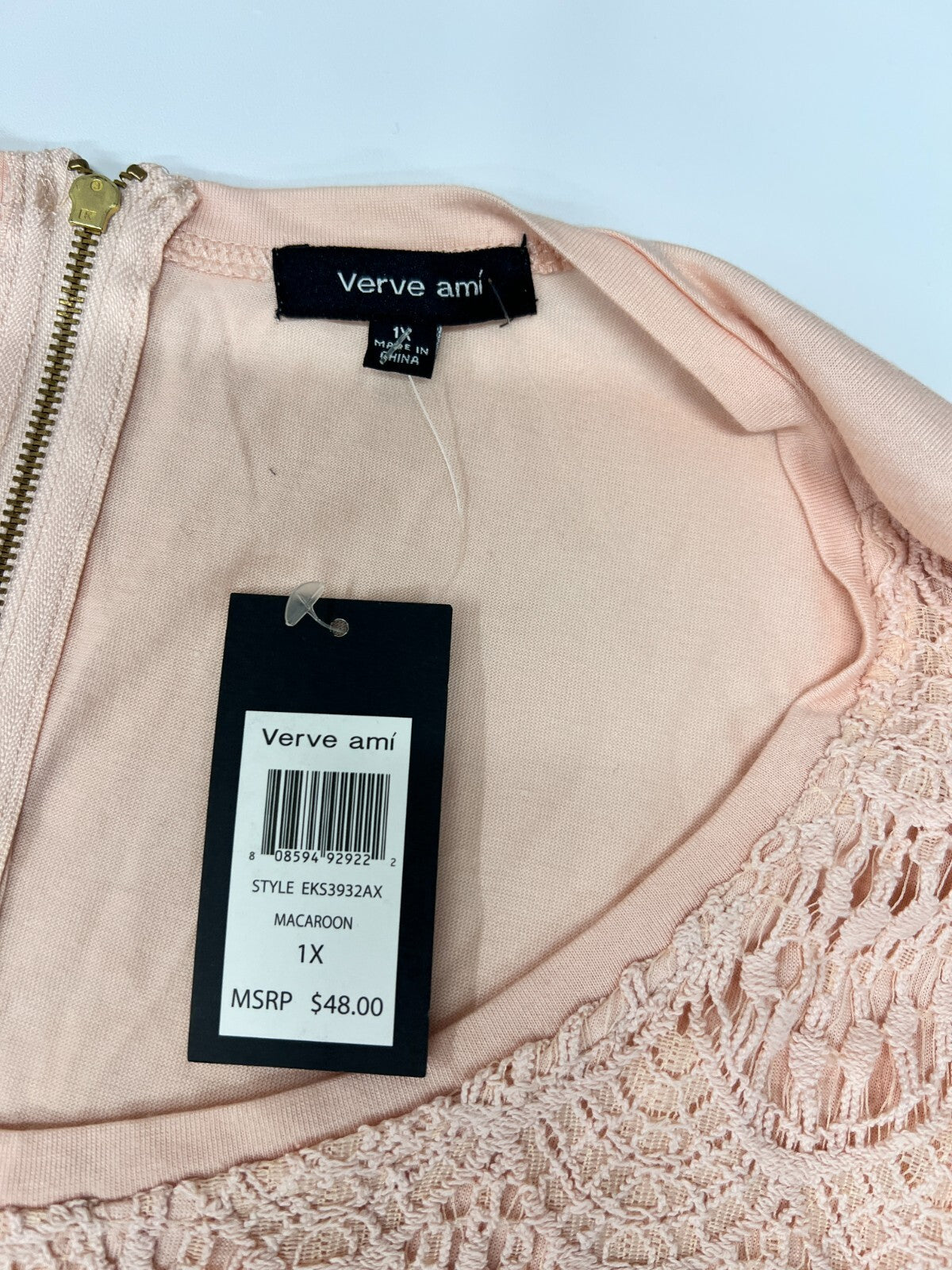 MSRP $48 Verve ami Blouse Women's Plus Sz 1X Lace Overlay Short Sleeve Peach Top
