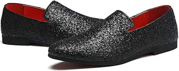 Santimon Men's US 6.5 - 12.5 Black Glitter Slip-On Loafers Sequin Dress Shoes