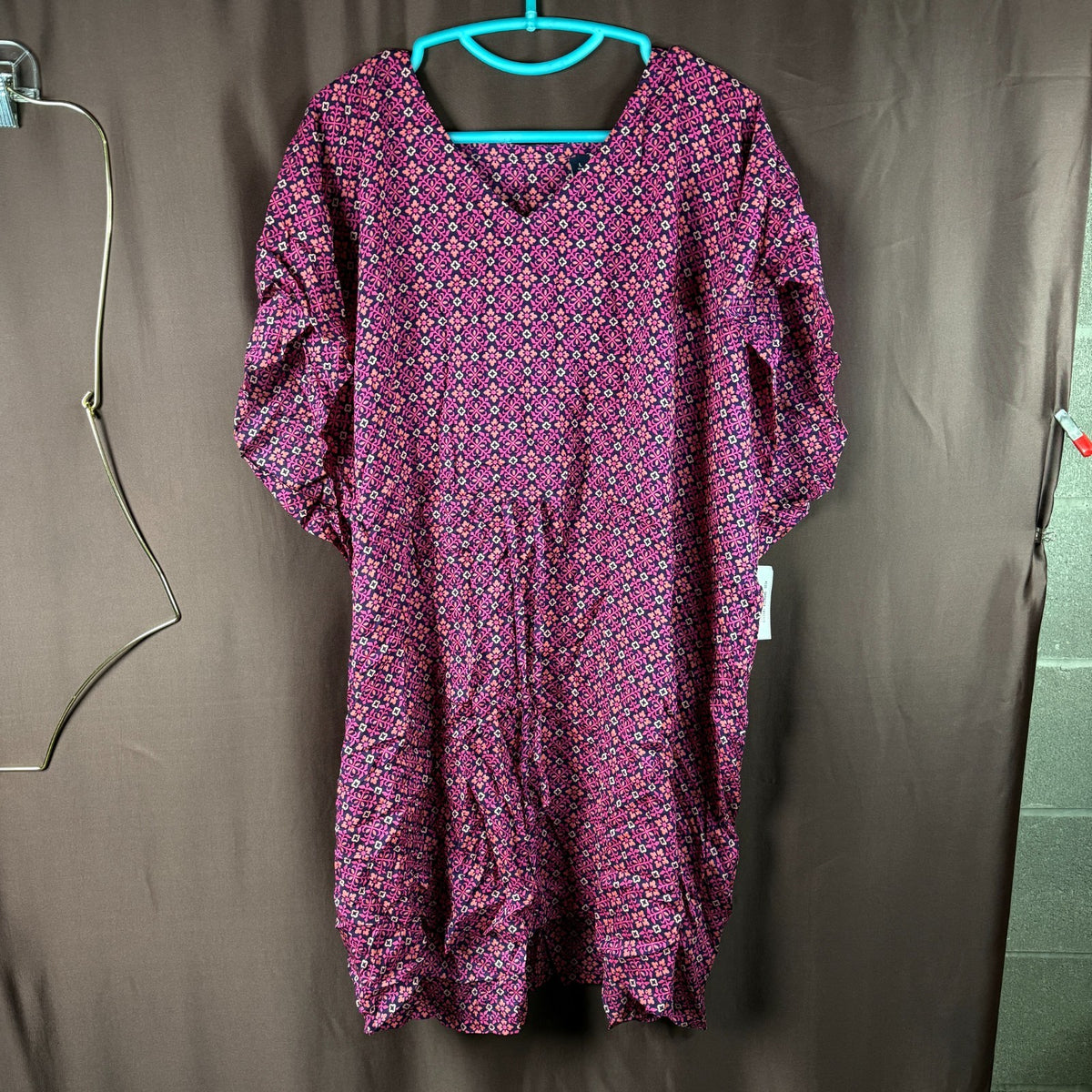 Lands End Womens L-1X LONG Sheer Oversized Short Sleeve Gathered Waist Swim Dres