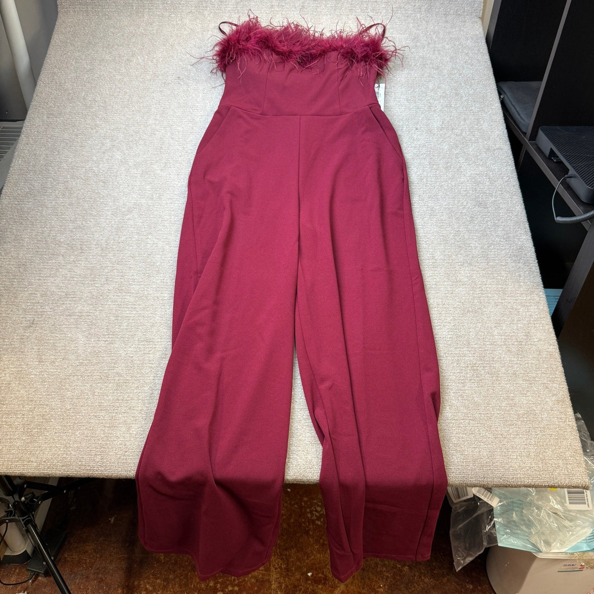 MSRP $120 Premier Amour Womens 14 Burgundy Strapless Jumpsuit Faux-Feather Trim