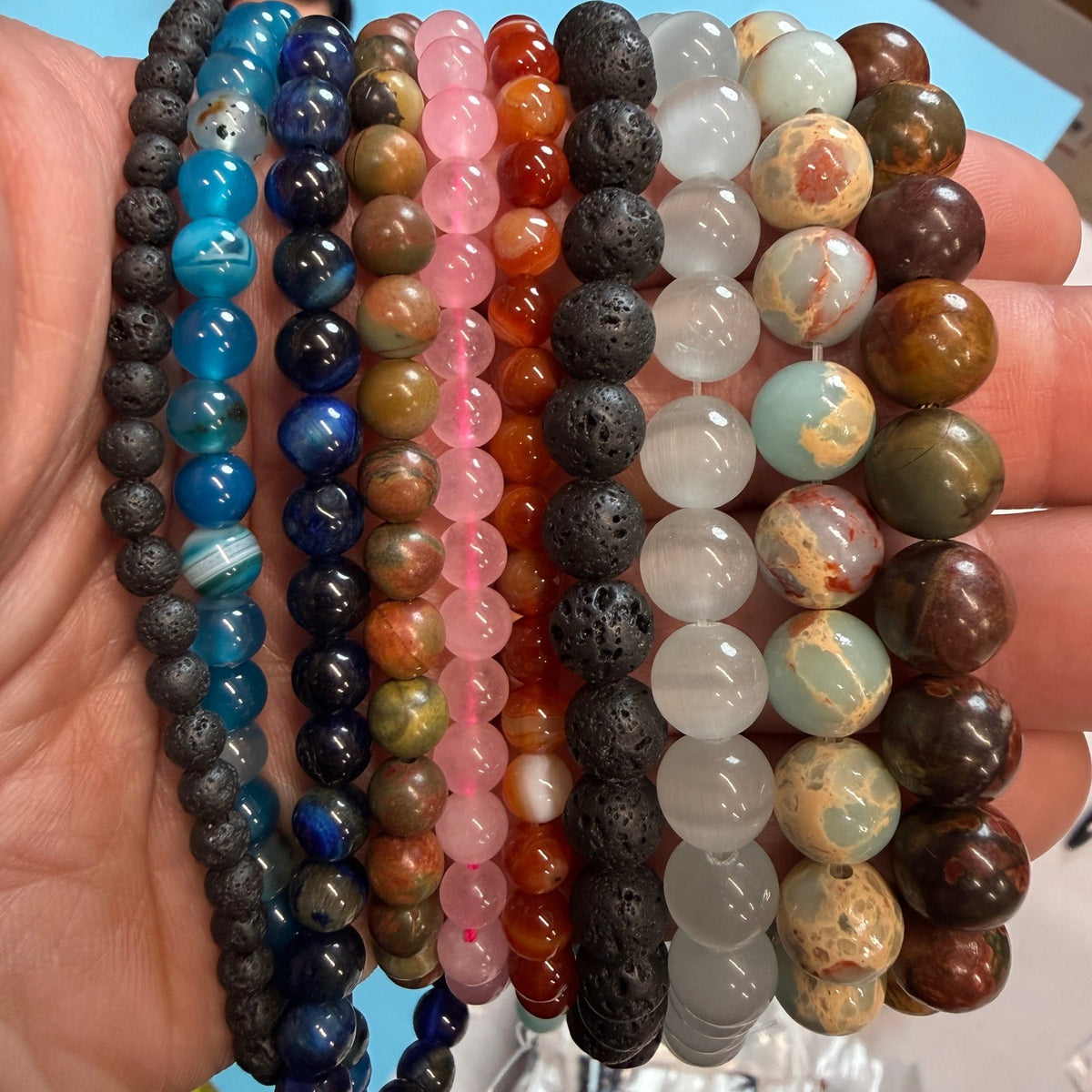 Set of 10 Natural Gemstone Round Beads Strands 15" Sizes 6,8,10 mm 11oz №B26