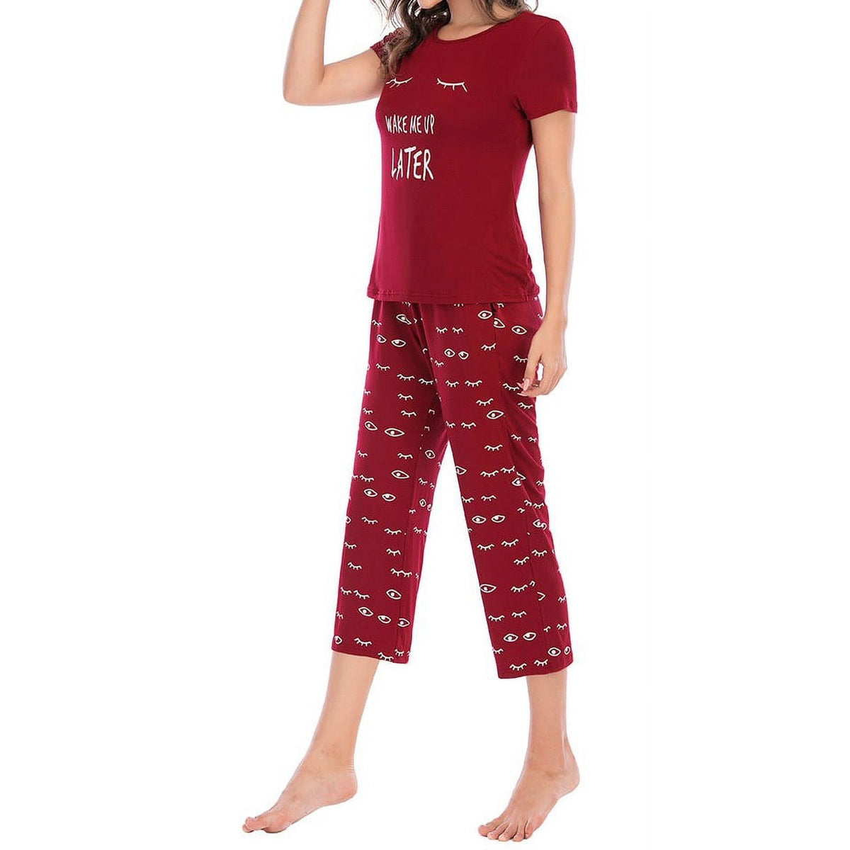 Women's M Pajama Set Round Neck Short Sleeve Sleepwear Print Top & Capri Pants