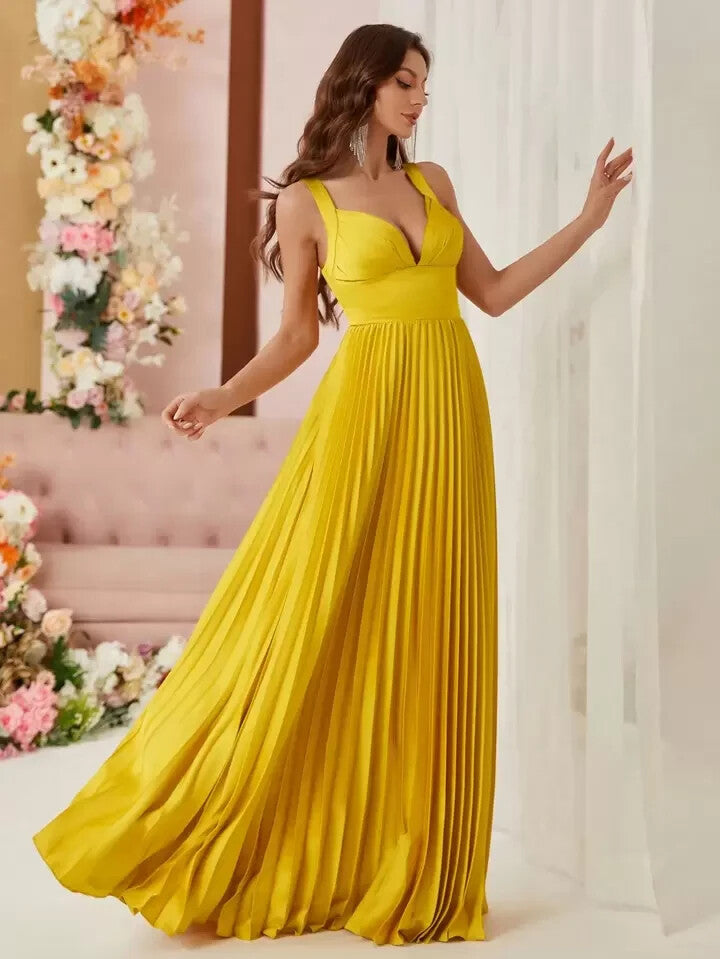 SHEIN Belle Elegant Pleated Eye-Catching Yellow Women's Sz M 6 Evening Cami Dres