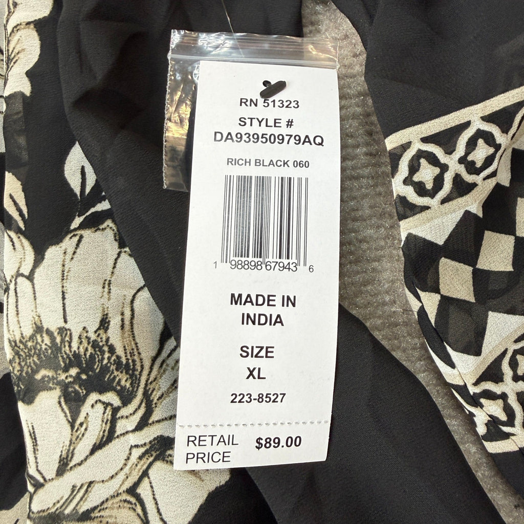 MSRP $89 Sam and Jess Womens XL Rich Black Floral Shift Dress Mock Neck 3/4 Slee