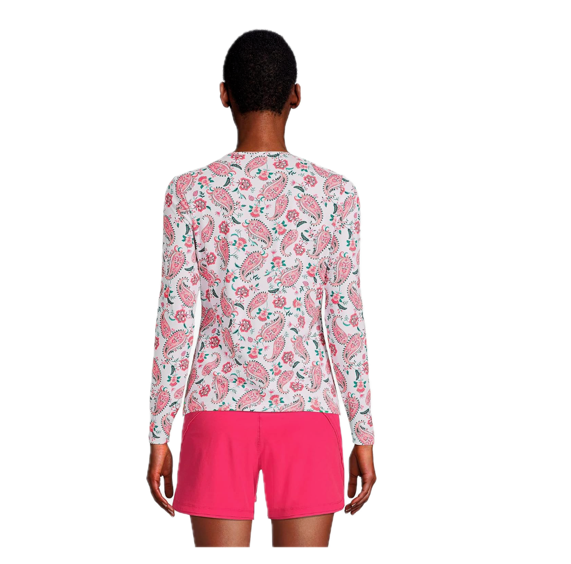 Lands' End Women's M-1X LONG Long Sleeve Rash Guard Swim Tee White Multi Paisley