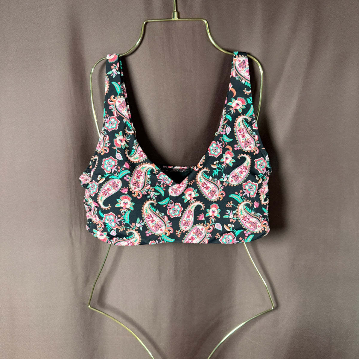 Lands' End Women's L, L LONG Black Paisley V Neck Smocked Bikini Top UPF50 This