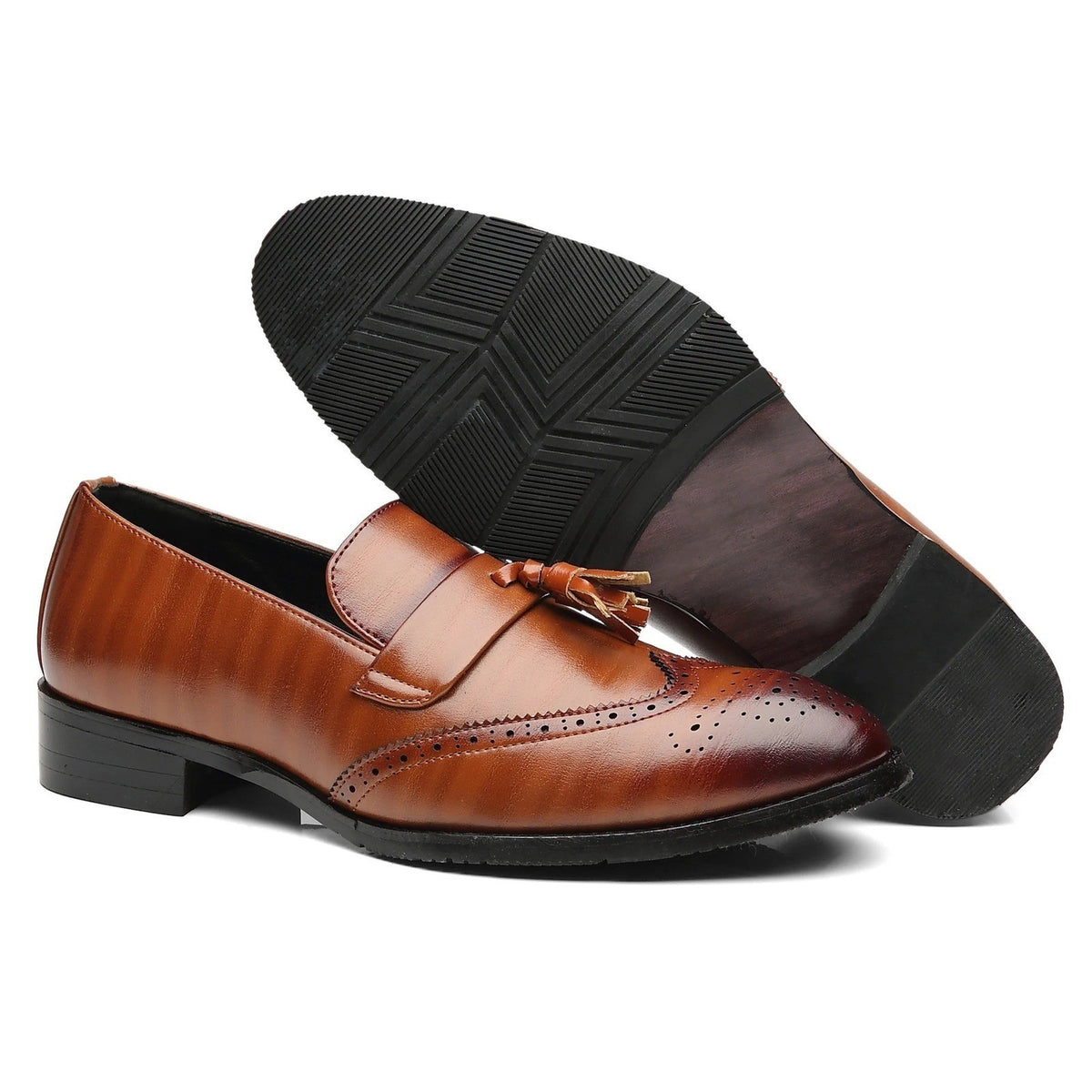 Santimon Men's US 7.5 Brown Wingtip Tassel Smoking Loafers Slip On Dress Shoes