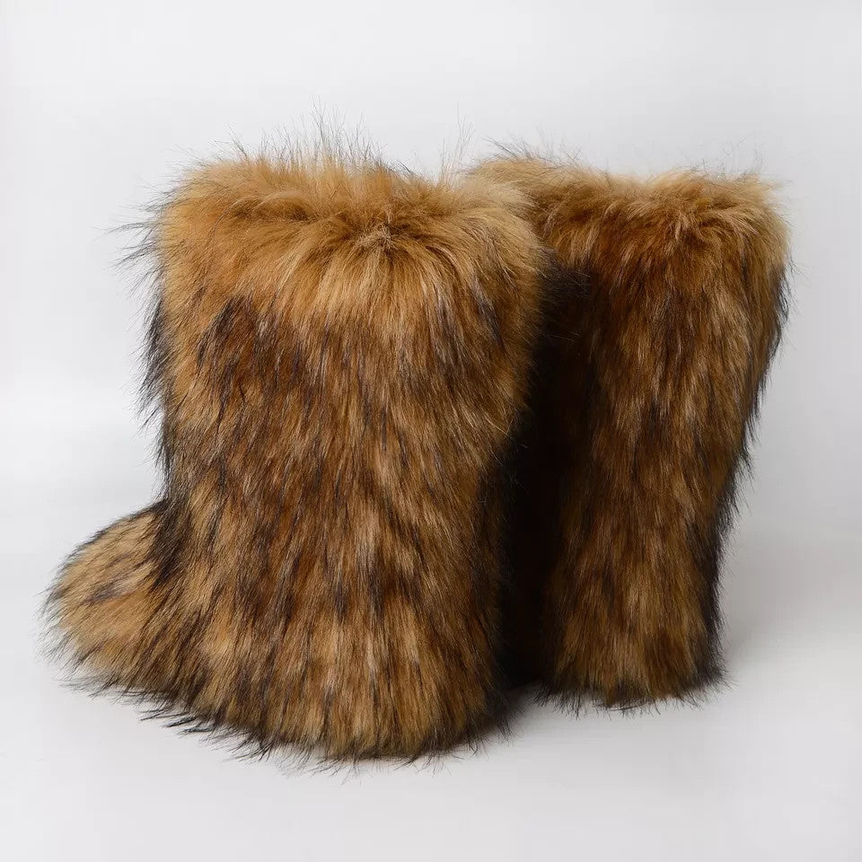 Women's US 10.5 -11 Hot Faux Fur Brown Boots Fuzzy Fluffy Furry Round Toe Winter