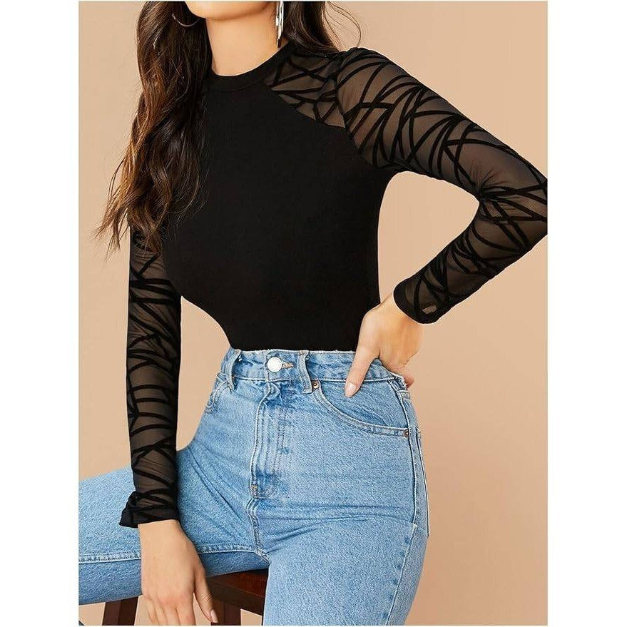 MSRP $31 WDIRARA Women's S Sheer Mesh Long Sleeve Bodysuit Mock Neck Leotard
