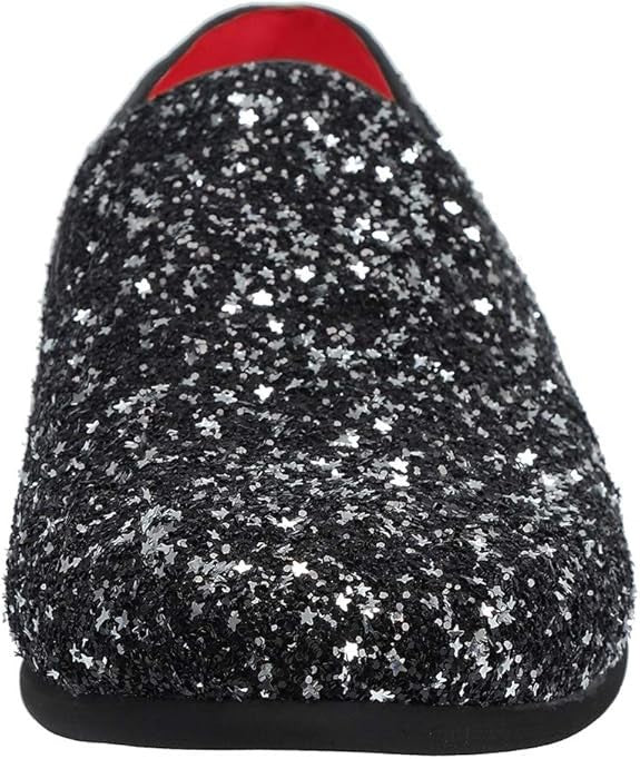 Santimon Mens US 8 - 11 Black Slip On Sequins Glitter Smoking Loafers Dress Shoe
