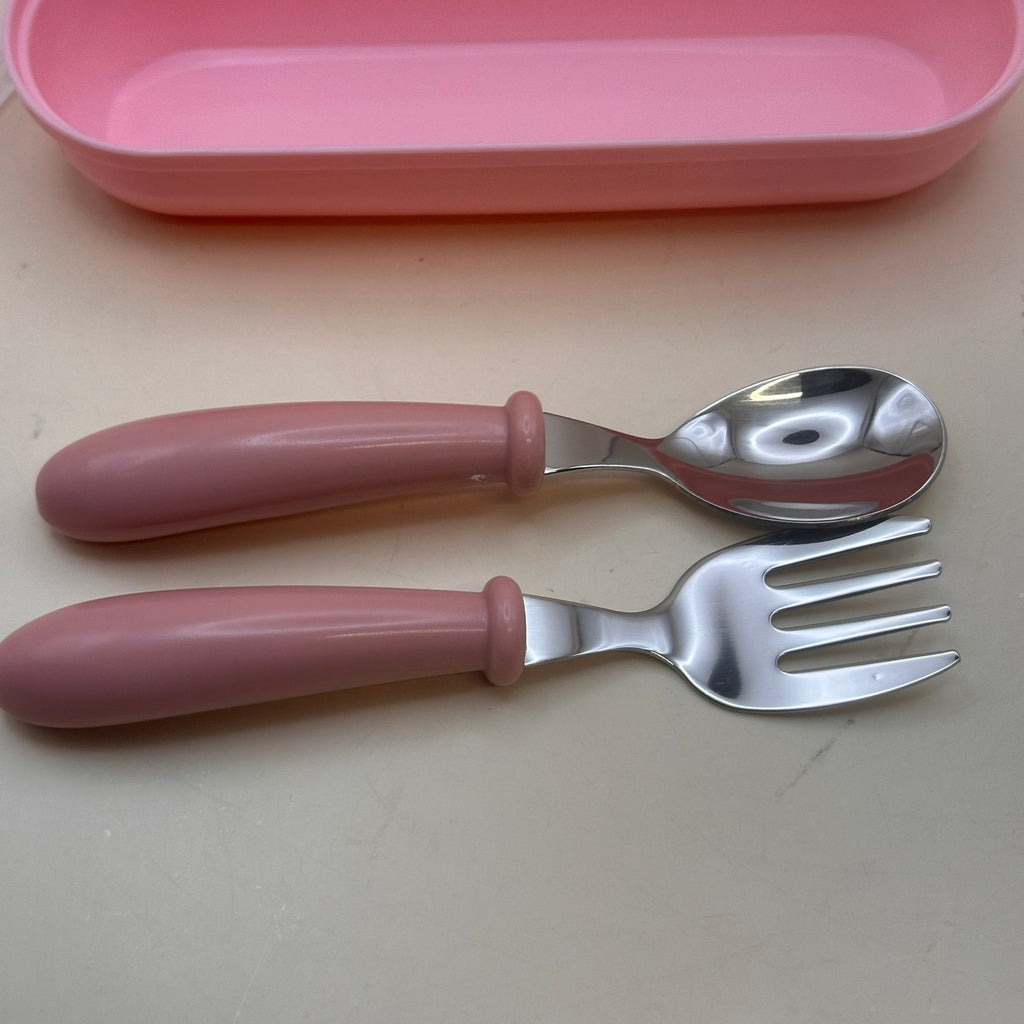 Set of 3 Kids Pink Stainless Steel Fork & Spoon w/ Storage Case Portable Travel