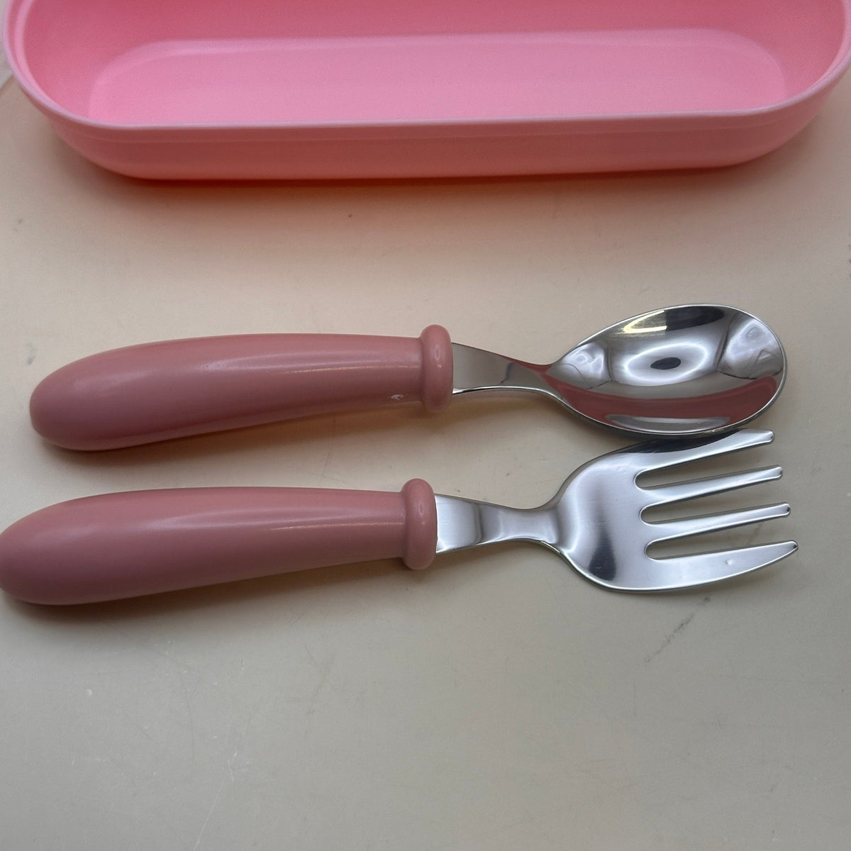 Set of 3 Kids Pink Stainless Steel Fork & Spoon w/ Storage Case Portable Travel