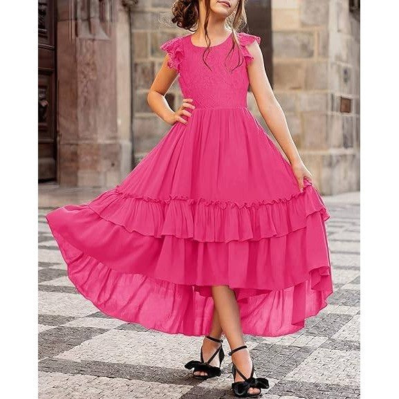 MSRP $46 HOSIKA Girls Rose Red 10-11Y Lace Boho Flower Girl Dress Ruffle Sleev