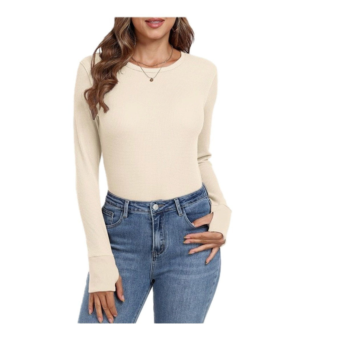 GRECERELLE Women's XL Waffle Knit Long Sleeve Shirt Crew Neck Slim Fitted Top