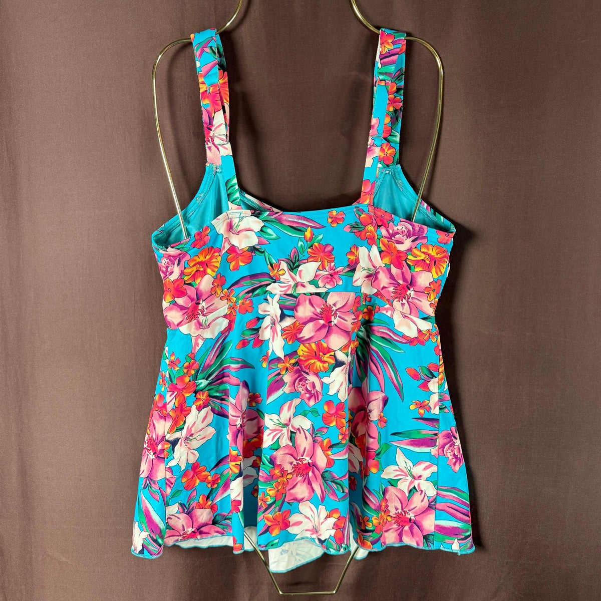 Lands' End Women's S Flutter Scoop Neck Tankini Top Turquoise Lily Palm