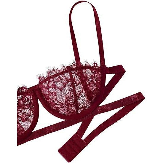 MSRP $20 Lilosy S Burgundy Red Two Piece Sexy Eyelash Underwire Floral Lace