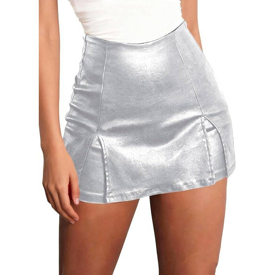MSRP $39 SOFIA'S CHOICE Women's M Silver Faux Leather Skort High Waist Mini Sk