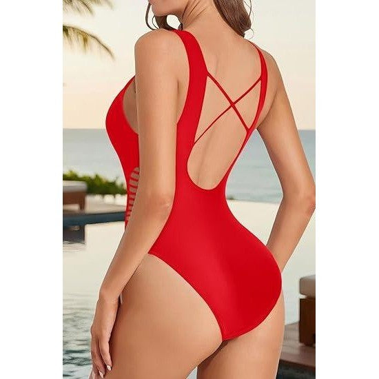 MSRP $45 Aqua Eve Women's L Red Sexy One Piece Swimsuits Plunge Deep V Neck