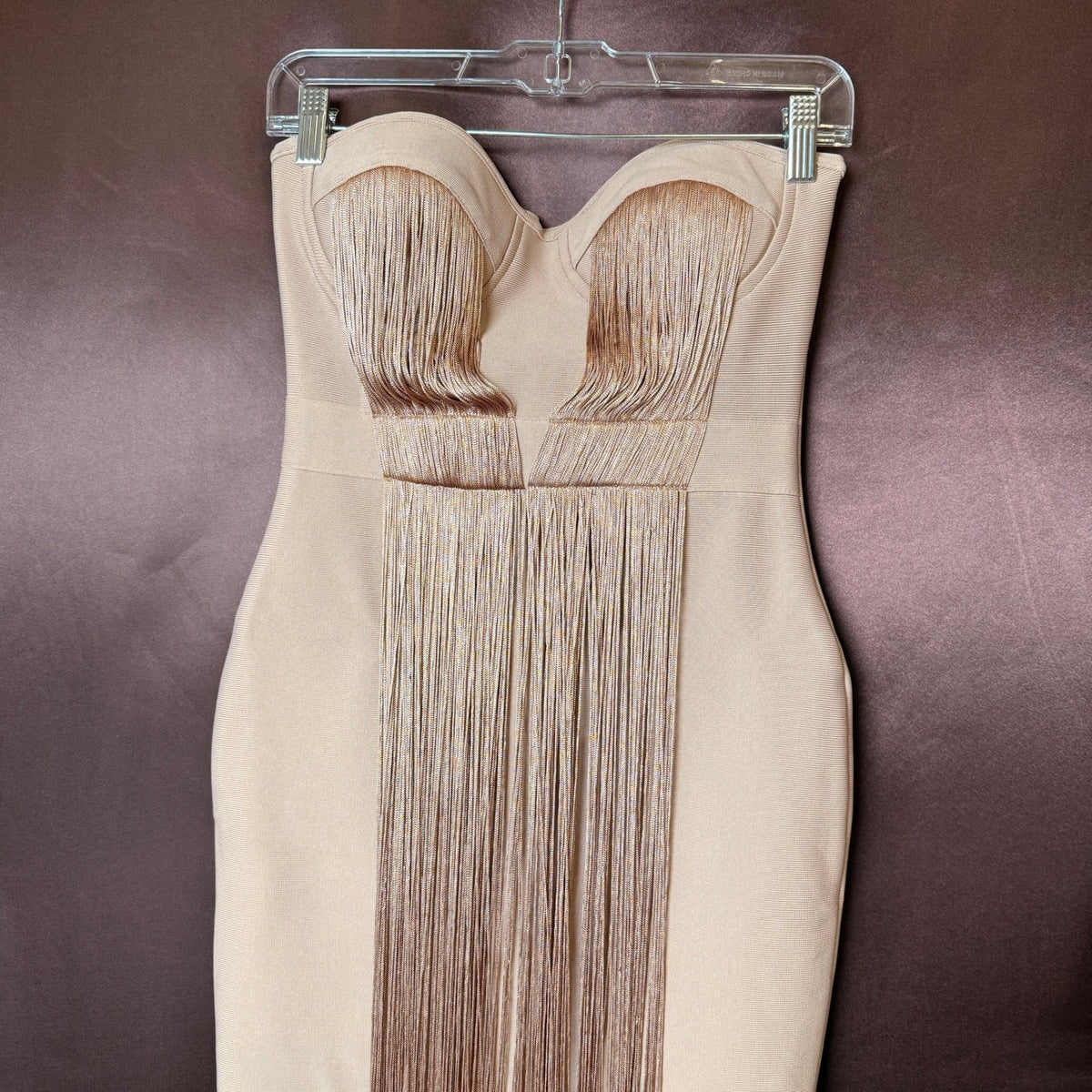 UONBOX Women's S Nude Strapless Elegant Tassel Tube Bodycon Bandage Dress