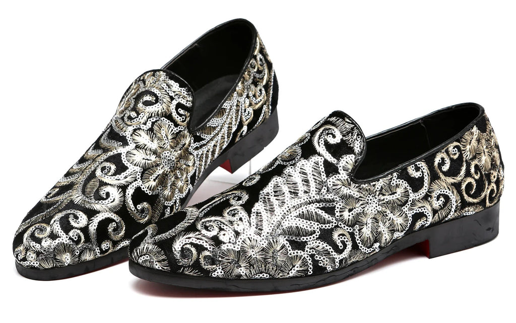 Santimon Men's US 9.5, 12 Black Velvet Gold Stitching Sequins Loafers Shoes