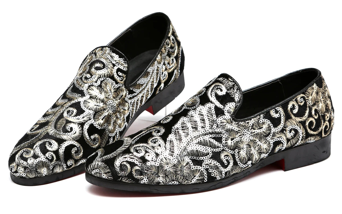 Santimon Men's US 9.5, 12 Black Velvet Gold Stitching Sequins Loafers Shoes