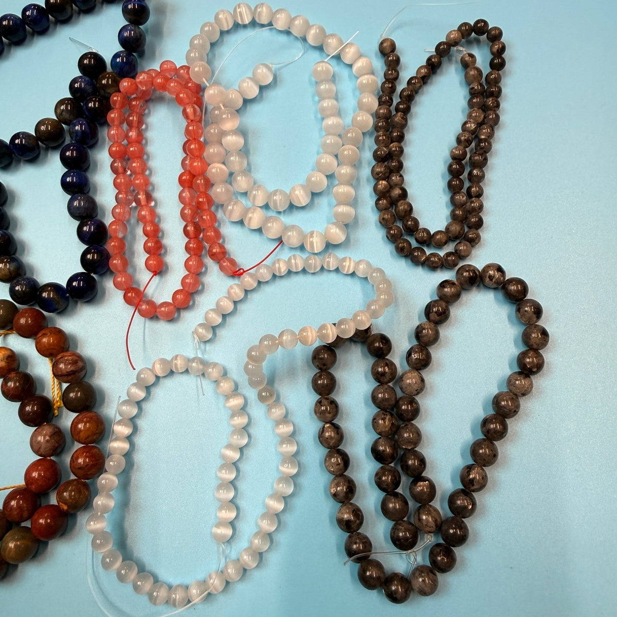 Set of 10 Natural Gemstone Round Beads Strands 15" Sizes 6,8,10 mm 14oz №B21