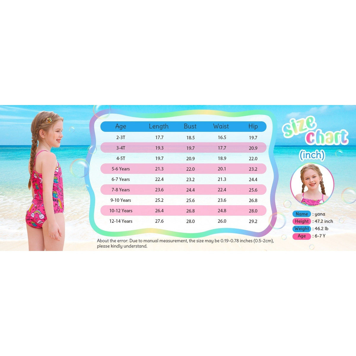 Girls 7-8Y Swimsuit One Piece Bathing Suit Kids' Swimwear Quick Dry Summer Beac