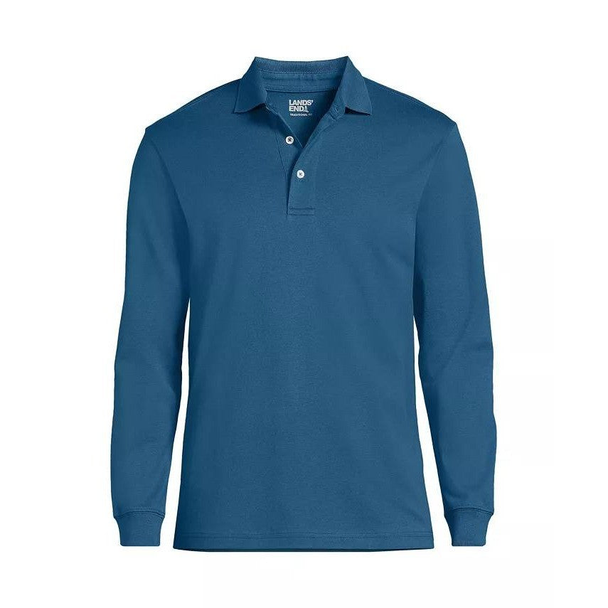 Lands' End Men's XL Long Sleeve 100% Cotton Supima Polo Shirt Evening Blue