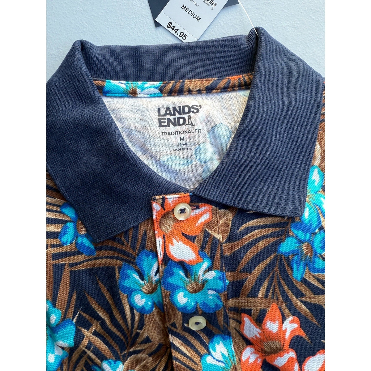 2 Pack Lands' End Mens M Polo Simple Olive LS & Deep Sea Navy Tropic Palm SS