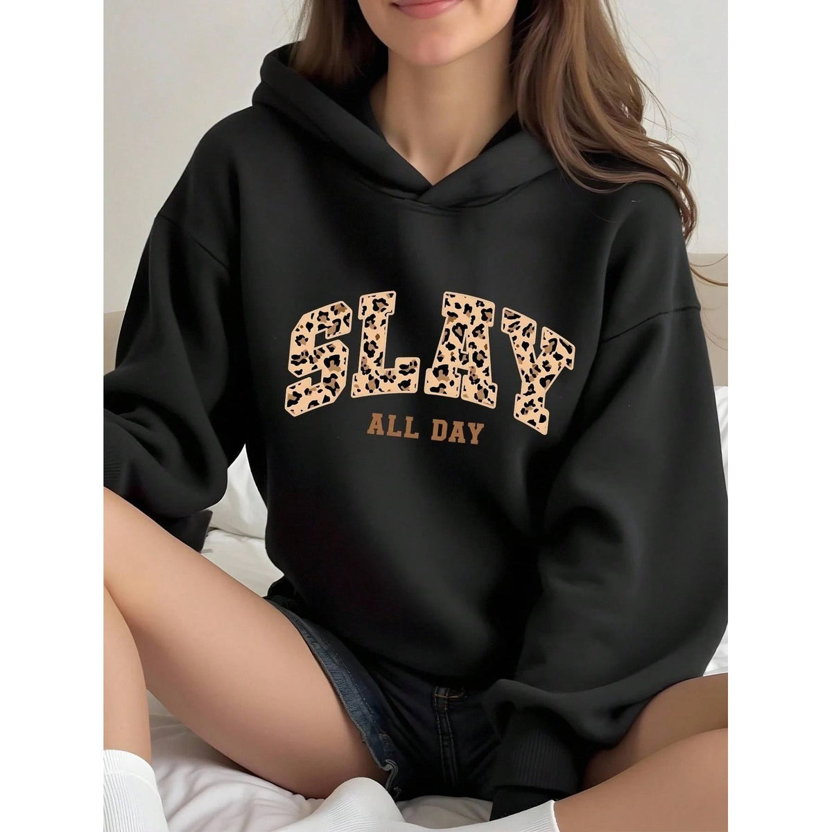 MSRP $31 Floerns Black Leopard 12Y Girl's Letter Graphic Print Hoodie Long Slee