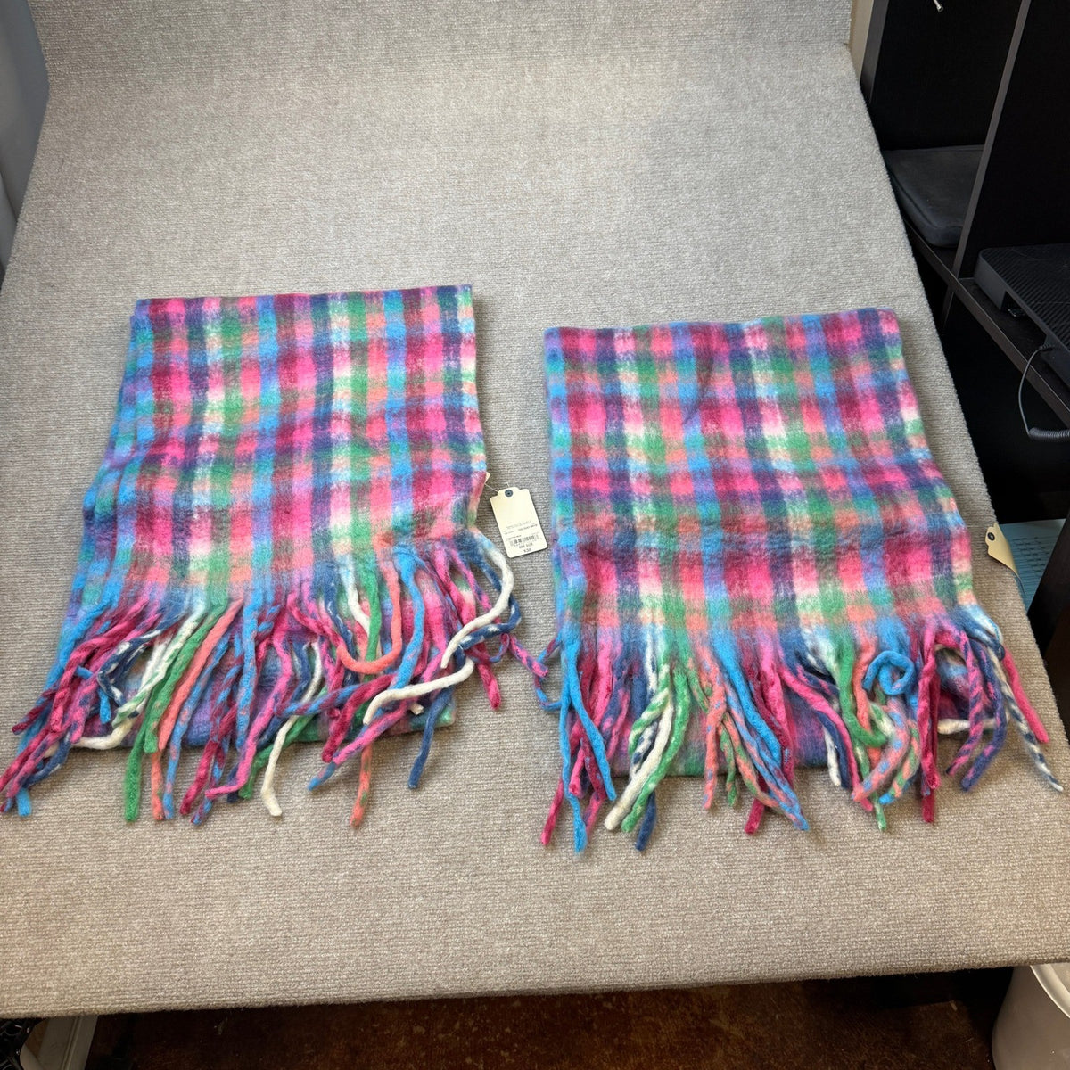 Lot of 2 MSRP $38 St. John's Bay Womens Bright Pink Multi Plaid Scarves Fringe