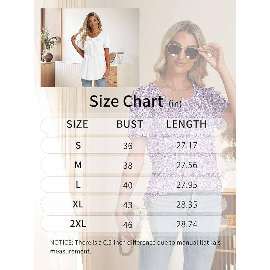 Women's S Short Sleeve T-Shirt Trendy Pleated Tee Blouse Dressy Casual Scoop Nec