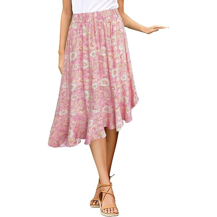 Small Sinono Women's Boho Floral Print High Waist High Low Asymmetric Split